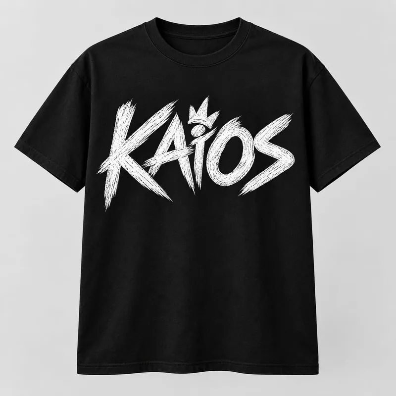 Black t-shirt with a big white KAiOS logo