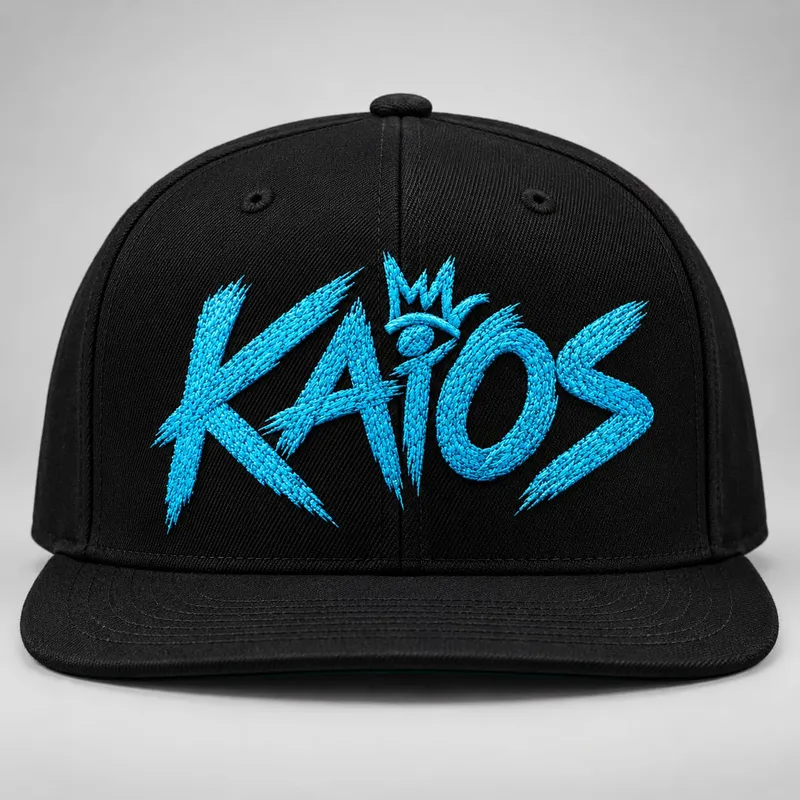 Black snapback cap with an embroidered blue KAiOS logo