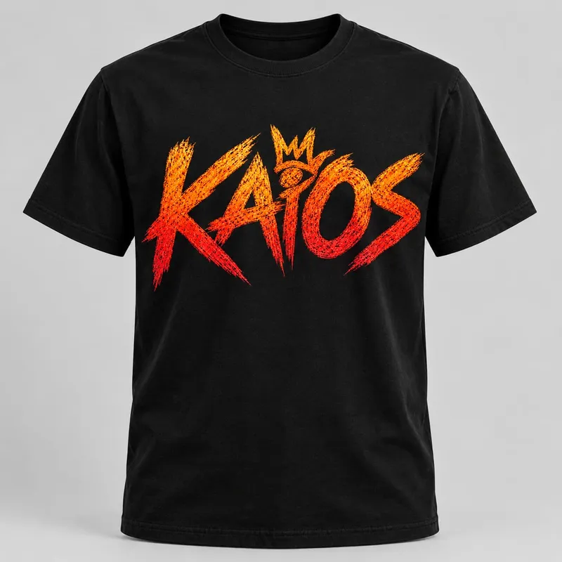 Black t-shirt with a big orange-to-red KAiOS logo