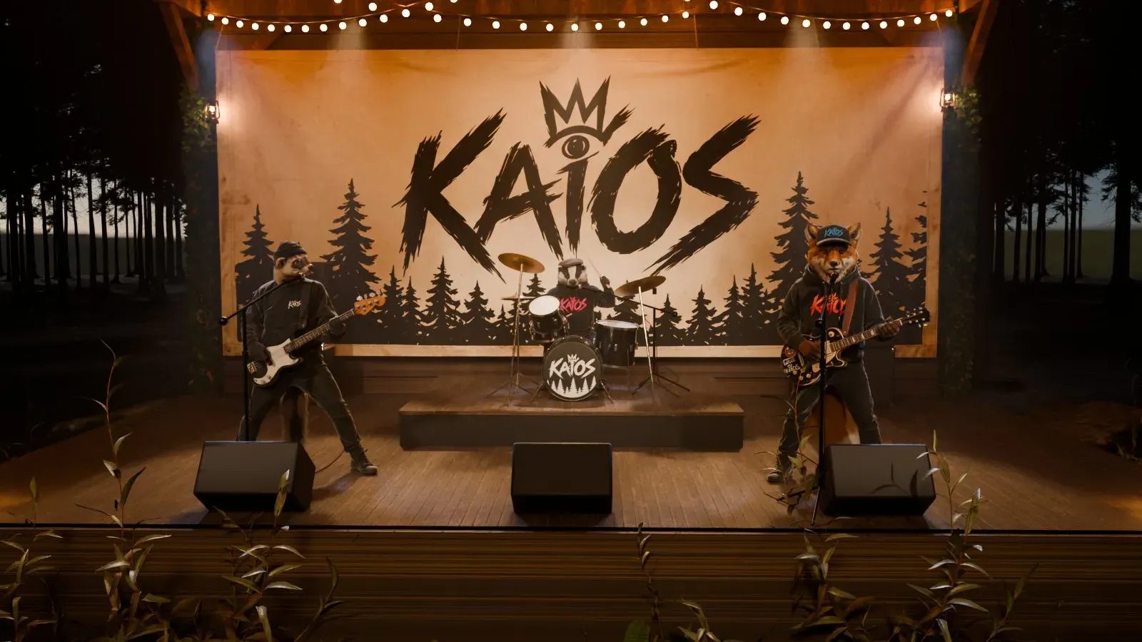 KAiOS playing a woodland stage at night: Bert the Badger on drums under the banner, Stan the Weasel on bass, Fred the Fox singing at the front.
