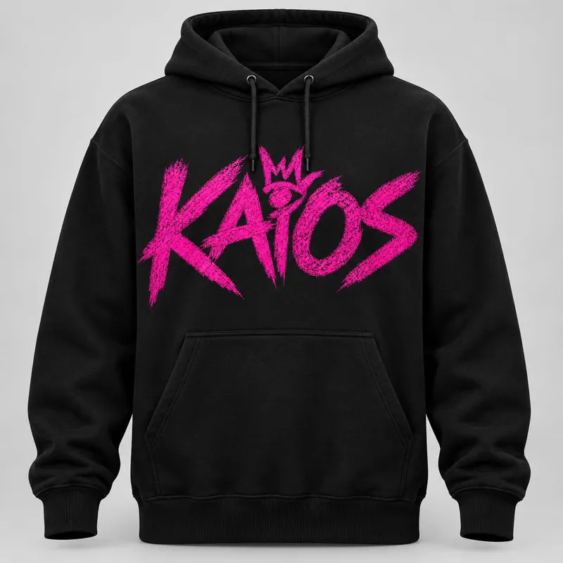 Black hoodie with a big hot pink KAiOS logo